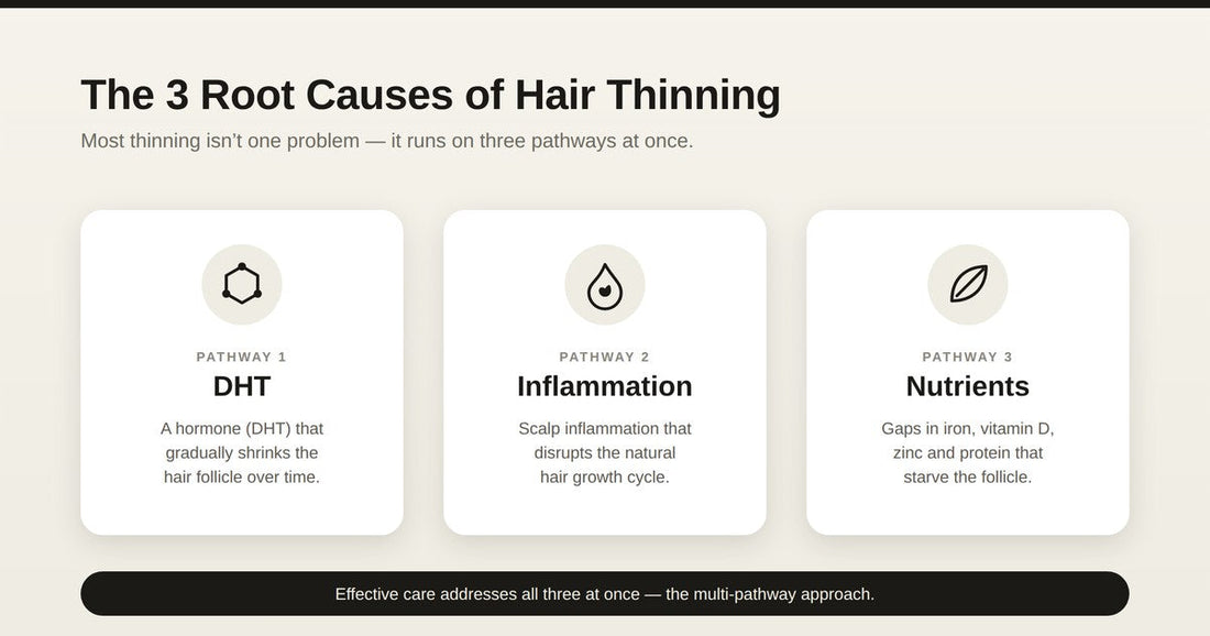 Diagram of the three root causes of hair thinning: DHT, scalp inflammation, and nutrient gaps.